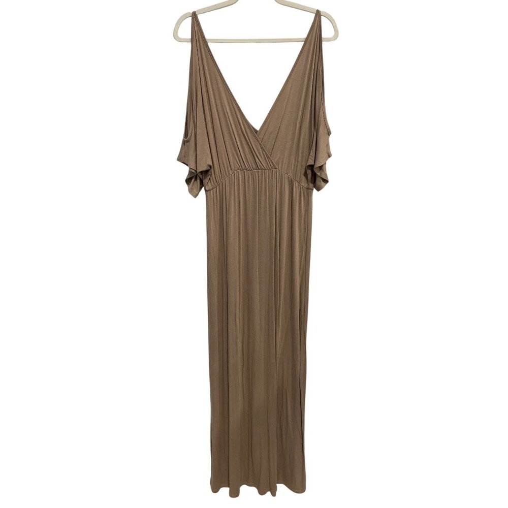 Cotton Chicks Maxi Dress Size Medium VNeck Cold Shoulder Rayon Blend Tan Neutral